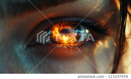 Fiery Eye: Intense close-up of an eye with swirling flames in the iris, creating a dramatic, surreal and intense visual effect. Fiery Eye: Intense close-up of an eye with swirling flames in the iris, creating a dramatic, surreal and intense visual effect. 123247459