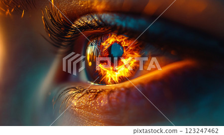 Close-up of an intense eye with fiery energy within the iris, a captivating image of emotion and vision, expressing power and depth. 123247462