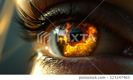 Intense eye with a fiery iris, showcasing bright orange and yellow hues. The eye reflects a blaze of light and heat. Stunning detail. 123247463