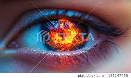 A close-up macro shot of an eye. The iris seems to show a vibrant raging fire within, the eye is a striking display of intensity. A close-up macro shot of an eye. The iris seems to show a vibrant raging fire within, the eye is a striking display of intensity. 123247466