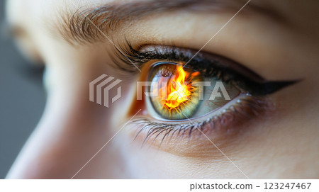 Fiery Eye: Intense gaze reflecting a blaze, capturing the power within. A mesmerizing glimpse into a soul ablaze with passion and fire. 123247467