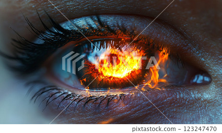 Intense eye with blazing flames reflecting within. It's a representation of passion, anger, and the power of the human gaze 123247470