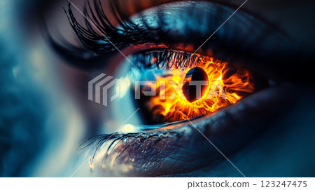 Fiery eye, intense gaze. An explosion of orange and yellow light, deep blue shades surrounding. Vision with a touch of fantasy. Fiery eye, intense gaze. An explosion of orange and yellow light, deep blue shades surrounding. Vision with a touch of fantasy. 123247475