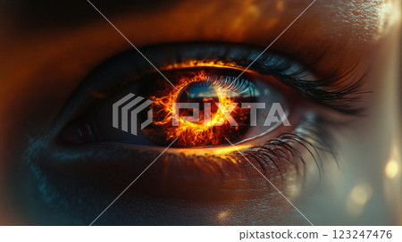 A mesmerizing close-up of an eye with a fiery, abstract pattern reflected in its iris, creating an intense and surreal visual. 123247476