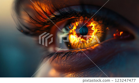 Close-up of an eye with fiery iris, resembling molten gold, set against contrasting dark eyelashes and a blurred, dreamlike background. 123247477