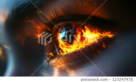 Fiery eye: A mesmerizing close-up showcases an eye ablaze with vivid flames, creating an intense and captivating visual. 123247478