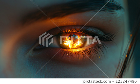 A mesmerizing close-up of an eye reflecting fiery flames, creating a dramatic and captivating focal point. The intense gaze is unforgettable. 123247480