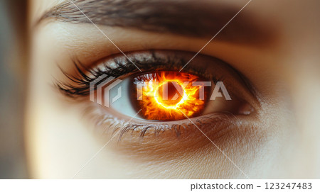 Intense gaze featuring a bright, fiery eye.  Captivating & otherworldly.  Hints of power and strength within the individual. 123247483
