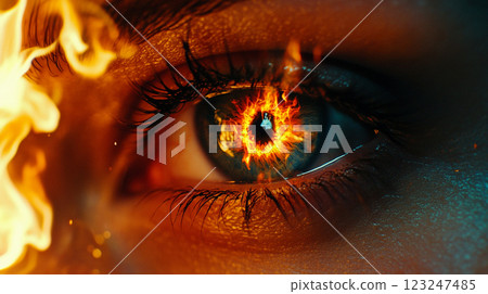 A striking close-up captures an eye, its pupil ablaze with fiery light, creating a mesmerizing and intense focal point. A striking close-up captures an eye, its pupil ablaze with fiery light, creating a mesmerizing and intense focal point. 123247485