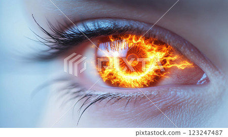 A close-up of a human eye with an iris that has been digitally altered to resemble fire, creating a striking and supernatural look. A close-up of a human eye with an iris that has been digitally altered to resemble fire, creating a striking and supernatural look. 123247487