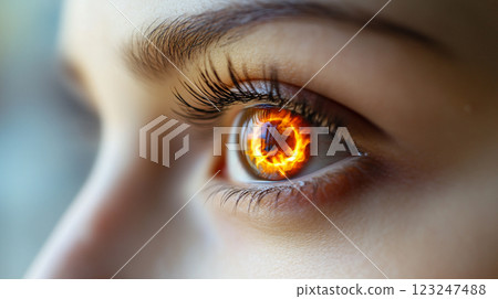Fiery Gaze: A close-up of a person's eye with an iris that resembles a swirling fire, creating an intense and captivating look. 123247488