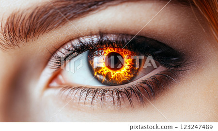 A striking close-up of a human eye with an iris that seems to contain fire, creating an intense and otherworldly visual effect. A striking close-up of a human eye with an iris that seems to contain fire, creating an intense and otherworldly visual effect. 123247489