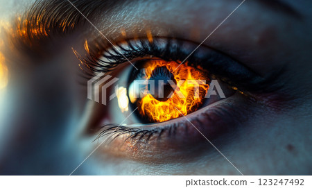 Fiery Eye: Intense gaze with irises resembling burning flames, expressing passion and strength. Hypnotic, intriguing, and unforgettable. 123247492