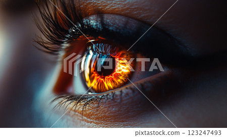 Close-up on a fiery human eye with intense colors and detailed lashes, creating an eye-catching abstract visual. Emphasizes the iris detail. 123247493