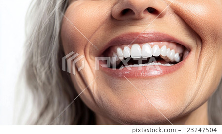Close-up captures a radiant smile of an older woman with white teeth, highlighting confidence and dental hygiene against a bright backdrop. Close-up captures a radiant smile of an older woman with white teeth, highlighting confidence and dental hygiene against a bright backdrop. 123247504
