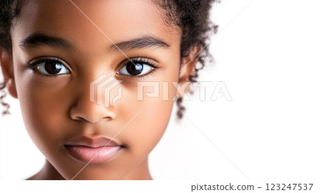 Close-up portrait showcasing a child's beautiful features against a bright backdrop, emphasizing innocence and natural charm. 123247537
