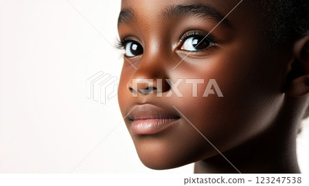 A close up portrait captures the gentle, radiant essence of a young child, highlighting their beautiful brown eyes and soft, youthful features. 123247538