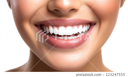 Radiant smile with perfect, bright white teeth. Healthy mouth displaying beauty. Close-up of dental care confidence and positive expression. 123247555