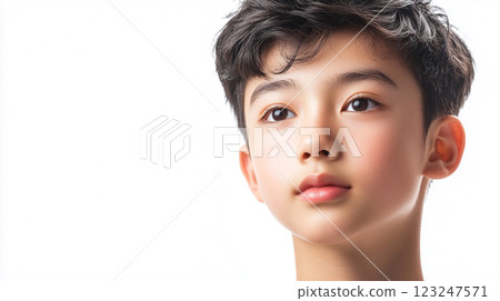 Portrait of an Asian child with a thoughtful expression. He has dark, wavy hair and a clear complexion. Eyes forward, serious face. 123247571