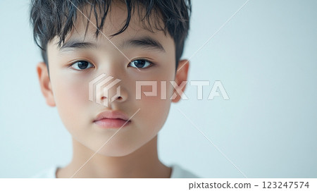 A close-up of a young boy with a gentle expression, looking directly at the camera, against a plain, light-colored background. 123247574