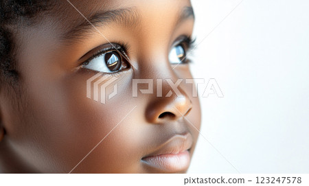 Focused gaze of a young child, showcasing innocence and wonder in their bright, expressive eyes, set against a clean backdrop. 123247578