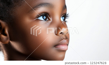 Young girl with beautiful skin looks off to the side in a close-up portrait on a white background with beautiful eyes and eyelashes. 123247628