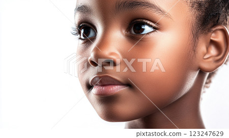 Portrait of a young girl with big dark eyes and delicate features, illuminated against a bright background, displaying a calm expression. Portrait of a young girl with big dark eyes and delicate features, illuminated against a bright background, displaying a calm expression. 123247629