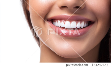 Radiant smile close-up featuring white teeth and glossy lips, showcasing dental health and beauty on a neutral backdrop. 123247635