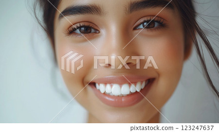 Radiant woman with beaming smile, showcasing clear skin and white teeth, radiating confidence and allure with her natural beauty. 123247637