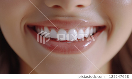 Close-up shot showcasing a radiant smile with healthy, white teeth and glossy lips. Perfect oral hygiene and aesthetic dental work. Close-up shot showcasing a radiant smile with healthy, white teeth and glossy lips. Perfect oral hygiene and aesthetic dental work. 123247638