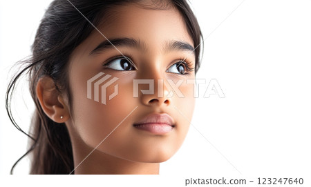 Young girl with thoughtful expression. Her dark hair frames her face against the white background, looking away in innocent curiosity. Young girl with thoughtful expression. Her dark hair frames her face against the white background, looking away in innocent curiosity. 123247640