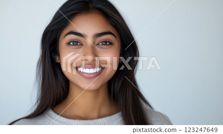 Radiant young woman with a warm smile, showcasing healthy teeth and dark hair against a neutral background. Beauty and wellness concept. 123247649