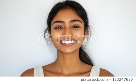 Smiling young woman with dark hair and golden skin tone posing in front of a white wall and wearing a light-colored tank top. Smiling young woman with dark hair and golden skin tone posing in front of a white wall and wearing a light-colored tank top. 123247650
