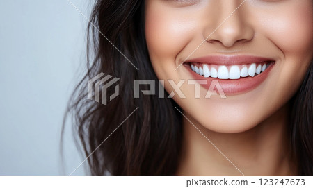 Radiant smile with perfectly aligned teeth showcasing health and confidence in a close-up of a woman's lower face against a light background. 123247673