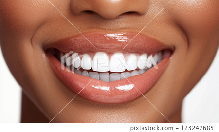 Bright smile showcasing healthy teeth, accented by glossy lips. Radiant confidence through oral care and beauty. Bright smile showcasing healthy teeth, accented by glossy lips. Radiant confidence through oral care and beauty. 123247685