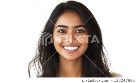 Radiant smile, warm eyes, and dark wavy hair against a clean backdrop create a captivating portrait of youthful beauty. Radiant smile, warm eyes, and dark wavy hair against a clean backdrop create a captivating portrait of youthful beauty. 123247690