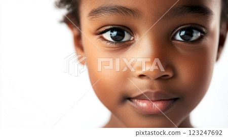 Close-up of a young child with curious eyes and a bright complexion.  The portrait is simple, highlighting the child's features. 123247692