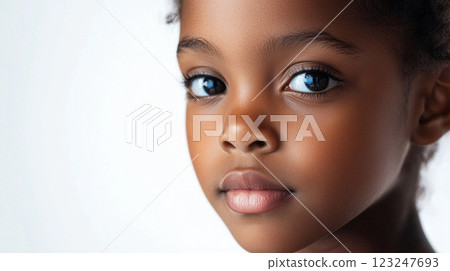 Innocent child portrait: A close-up of a beautiful girl with dark eyes. The girl is looking directly at the camera in this shot. 123247693