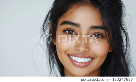 Radiant beauty shines through a warm smile and captivating eyes. This young woman exudes confidence and poise. Beauty portrait. 123247696