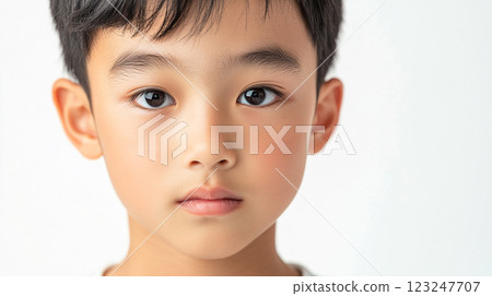 Close-up portrait of a young boy with dark hair and eyes, fair skin, and a neutral expression against a plain white background. 123247707