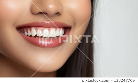 Radiant smile showcasing healthy teeth and a fresh, modern makeup look emphasizing natural beauty and dental hygiene. 123247709