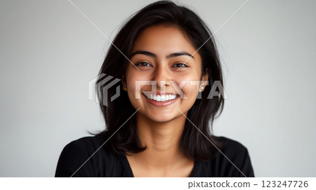 Smiling young woman looking directly at camera. Dark hair frames her face as she showcases a bright, genuine smile on simple white background. Smiling young woman looking directly at camera. Dark hair frames her face as she showcases a bright, genuine smile on simple white background. 123247726
