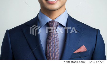 Elegant navy suit, light blue shirt, patterned tie and pocket square for a sophisticated look. Impeccable tailoring exudes confidence. Elegant navy suit, light blue shirt, patterned tie and pocket square for a sophisticated look. Impeccable tailoring exudes confidence. 123247728