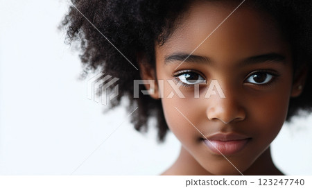 Portrait of a young girl with beautiful skin and natural hair, set against a bright backdrop, radiating innocence and purity. Portrait of a young girl with beautiful skin and natural hair, set against a bright backdrop, radiating innocence and purity. 123247740