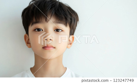 Portrait of a young boy with a calm expression against a plain white background, emphasizing childhood innocence and youthful countenance. Portrait of a young boy with a calm expression against a plain white background, emphasizing childhood innocence and youthful countenance. 123247749