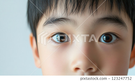 Intense gaze: A young child's captivating eyes wide with curiosity. Innocence and wonder are reflected in their dark, expressive eyes. 123247752