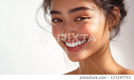 Radiant smile of a young woman with beautiful skin and makeup, against a soft white background, emanating happiness and self-assurance. Radiant smile of a young woman with beautiful skin and makeup, against a soft white background, emanating happiness and self-assurance. 123247755