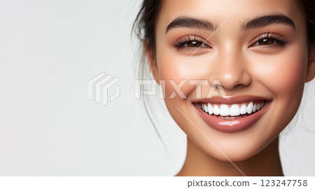 Radiant smile of a beautiful woman with perfect teeth, glowing skin, and subtly enhanced features against a soft, neutral background. 123247758