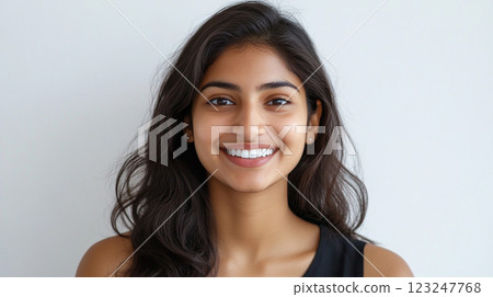 Cheerful young woman with a captivating smile and radiant complexion posing against a simple white backdrop. She has long brown hair. 123247768