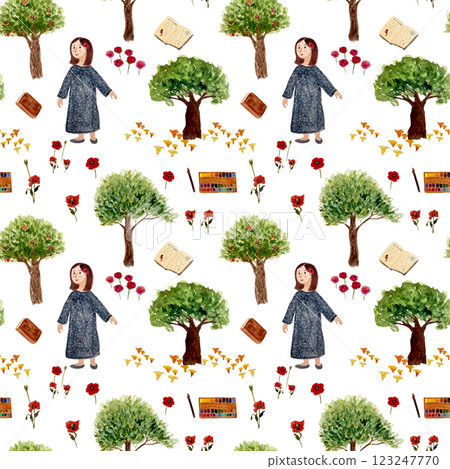 A girl favorite things: trees, flowers, mushrooms, watercolors, a book and a diary composition isolated on white. Watercolor sketch illustrations great for tote bag, textile, notebook design A girl favorite things: trees, flowers, mushrooms, watercolors, a book and a diary composition isolated on white. Watercolor sketch illustrations great for tote bag, textile, notebook design 123247770